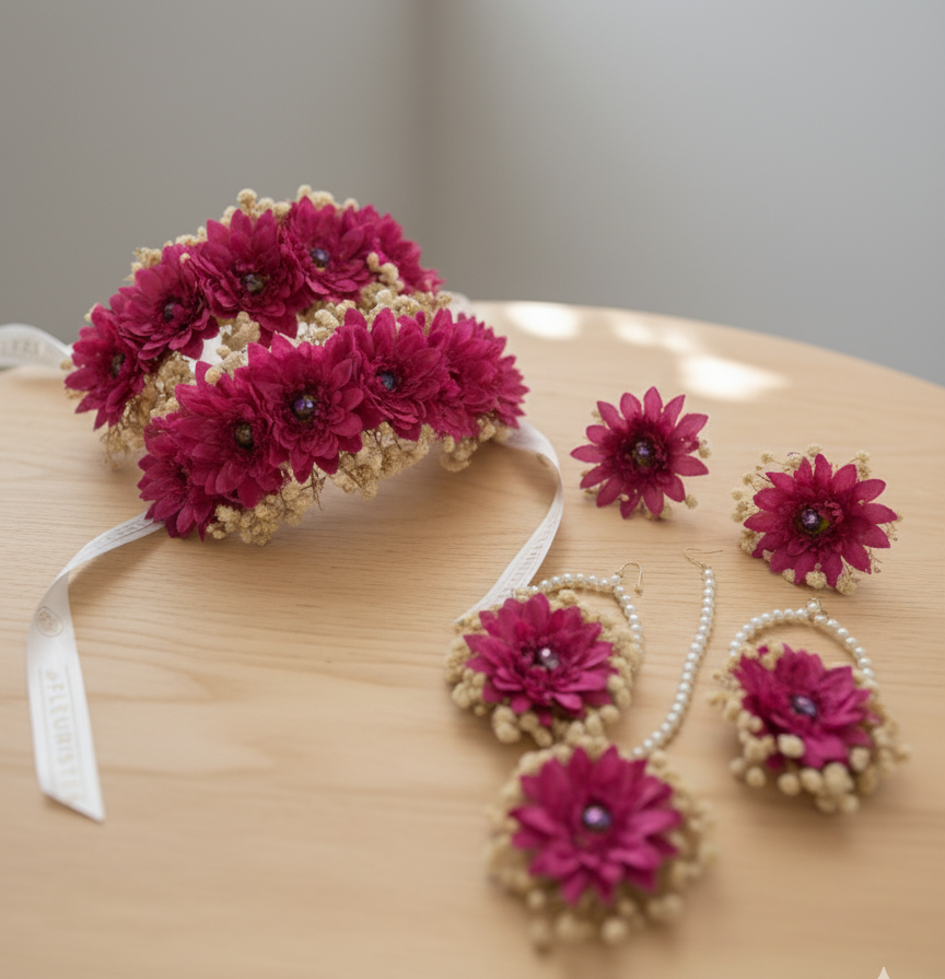 Premium Magenta Floral Jewellery Set with Pearl Accents