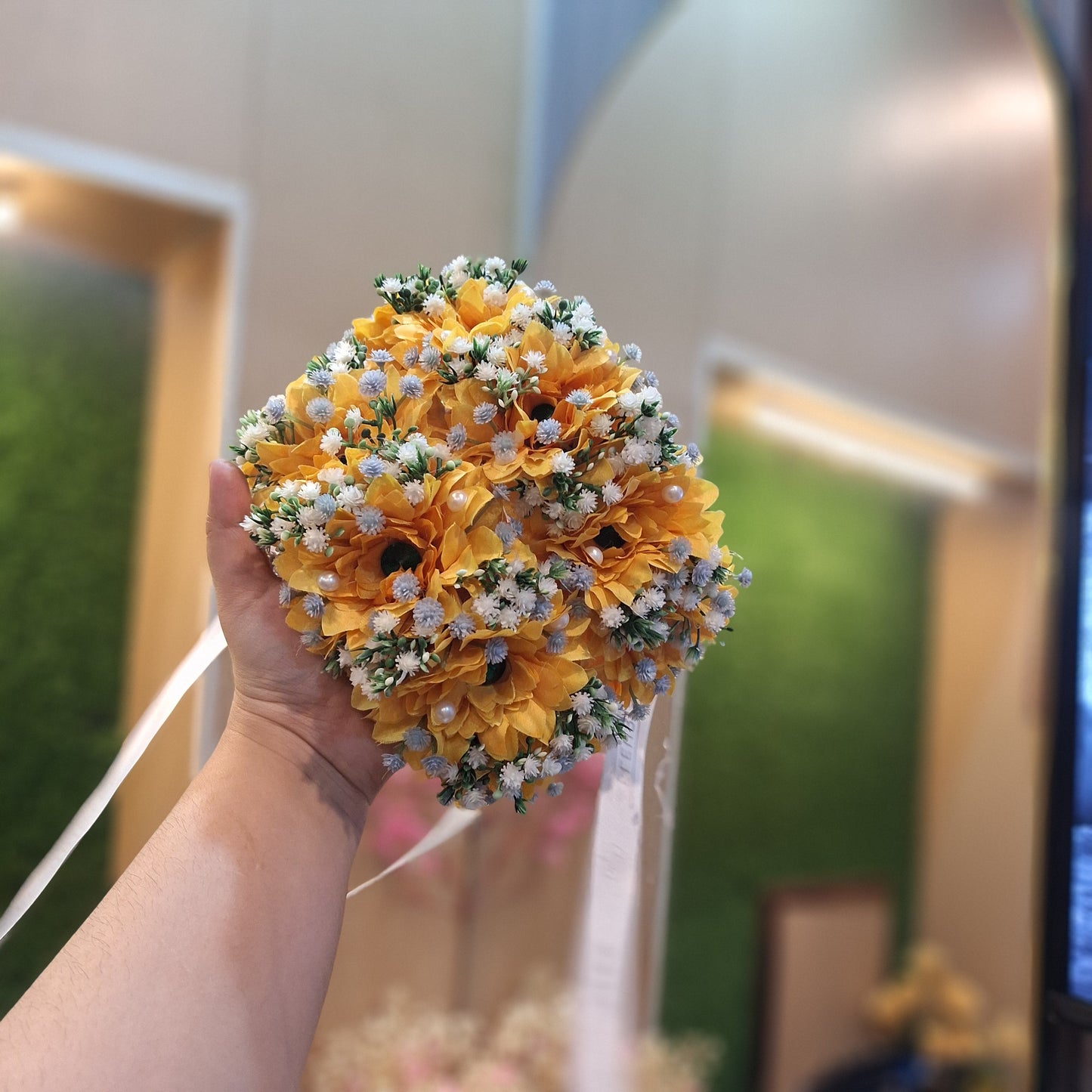 Bright Yellow Gerberas & White Baby’s Breath Handheld Bouquet