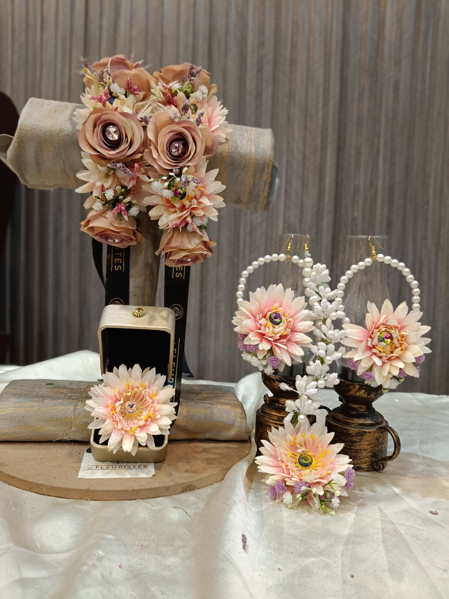 Elegant Nude & Peach Floral Jewelry Set with Pearl Accents