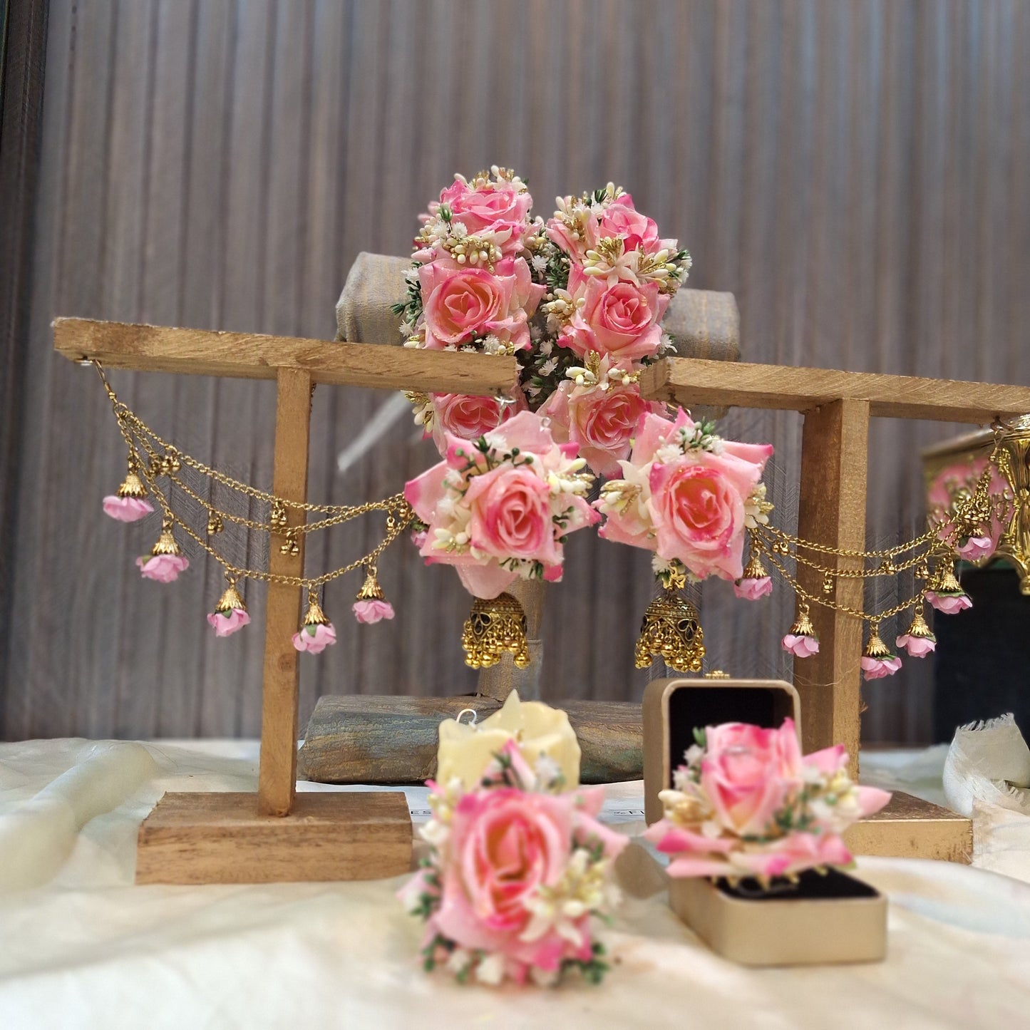 Blushing Pink Rose Floral Bridal Jewelry Set with Gold Ghungroo Details