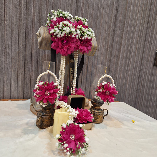 Magenta Floral Jewellery Set with Pearl Accents