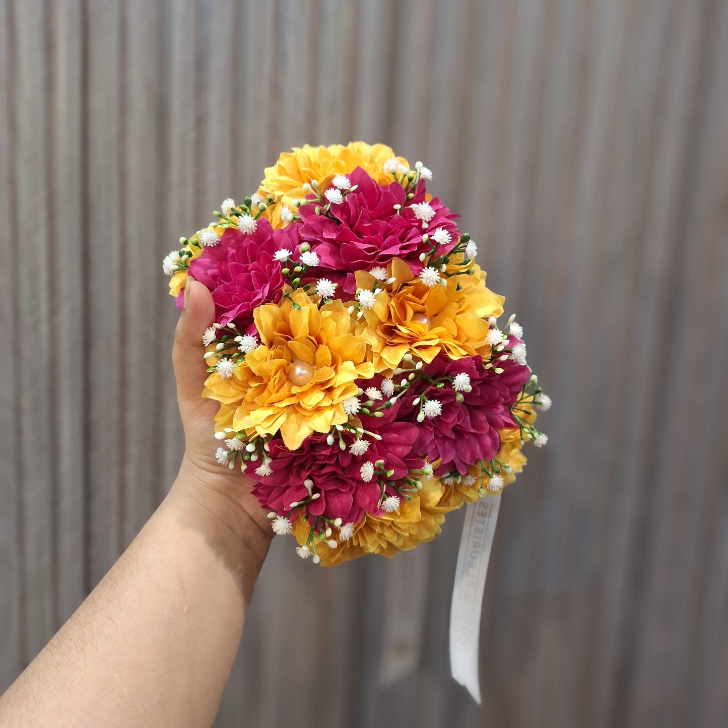Magenta & Yellow Marigold Floral Gajra with Pearl Detail