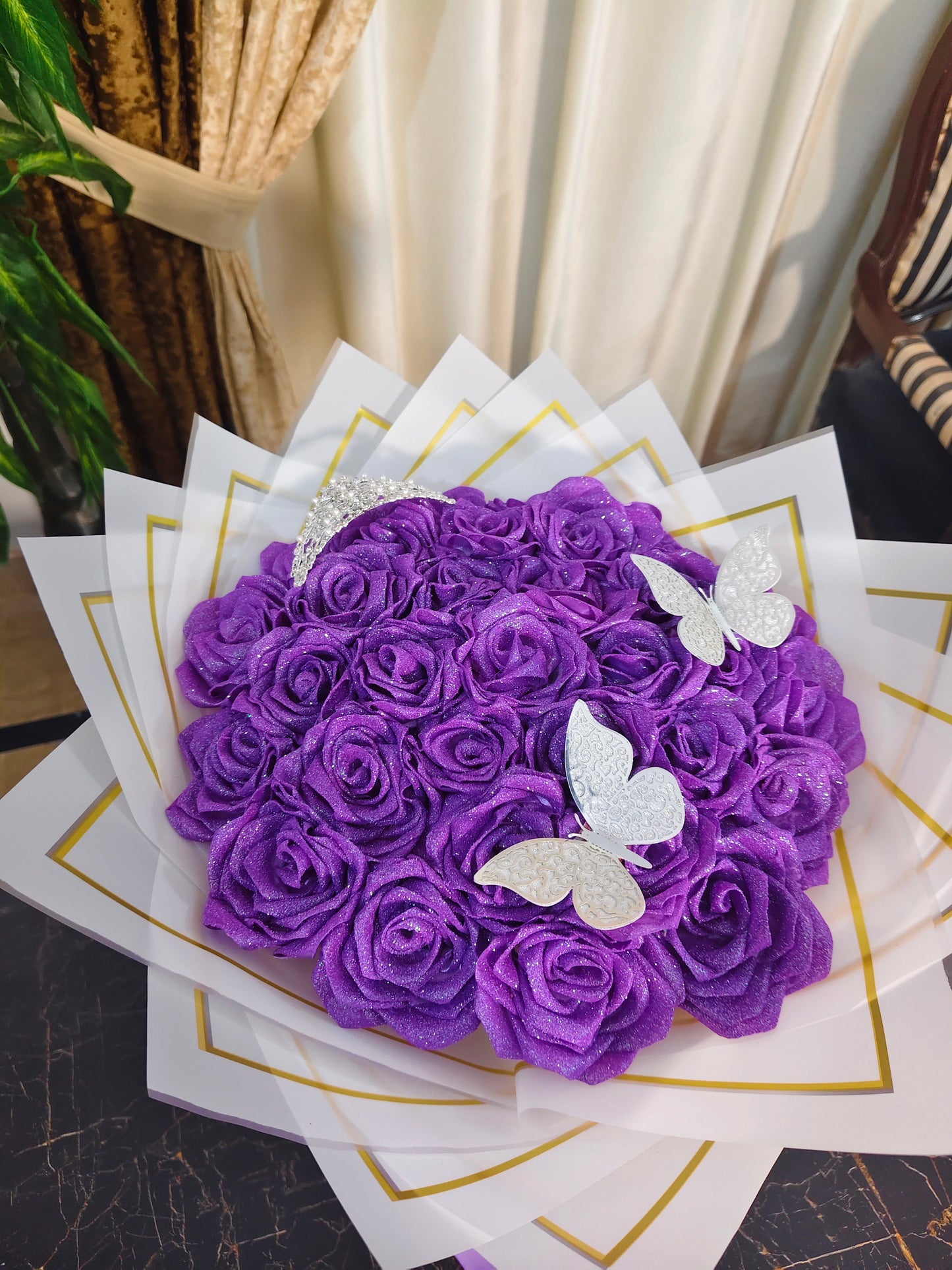 Glittery Purple Rose Bouquet with Silver Butterfly Accents