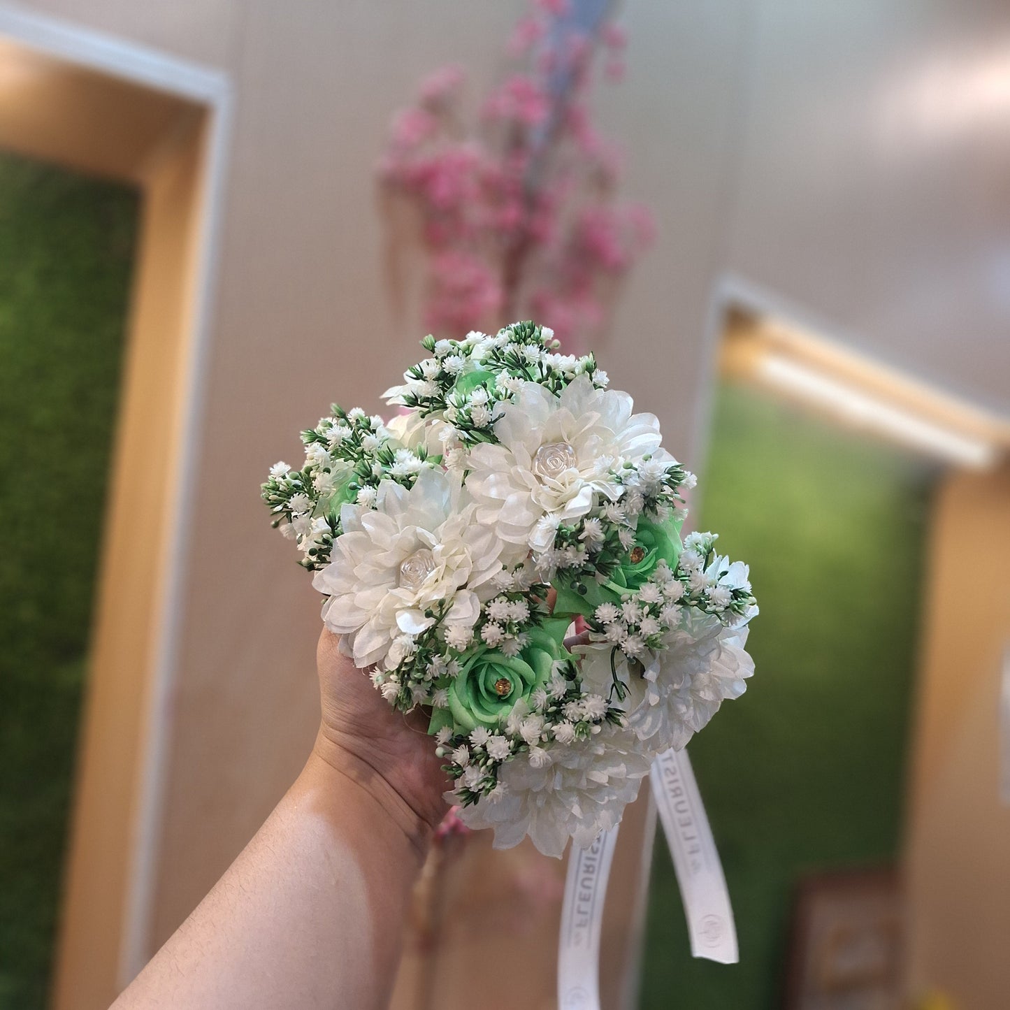 Elegant White & Mint Green Floral Wrist Corsage