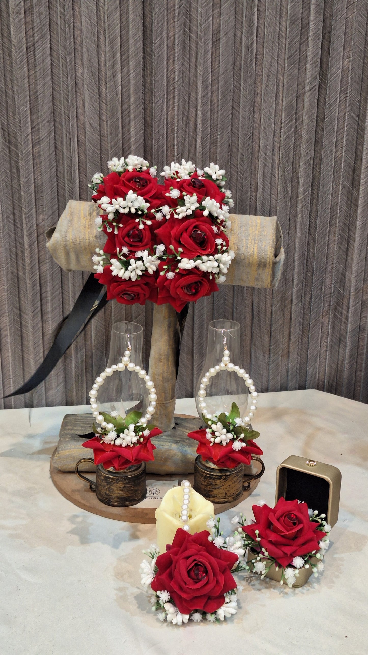 Elegant Red Rose & Pearl Floral Jewelry Set