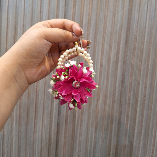 Hot Pink Floral Maang Tikka with White Jasmine Bud Chain
