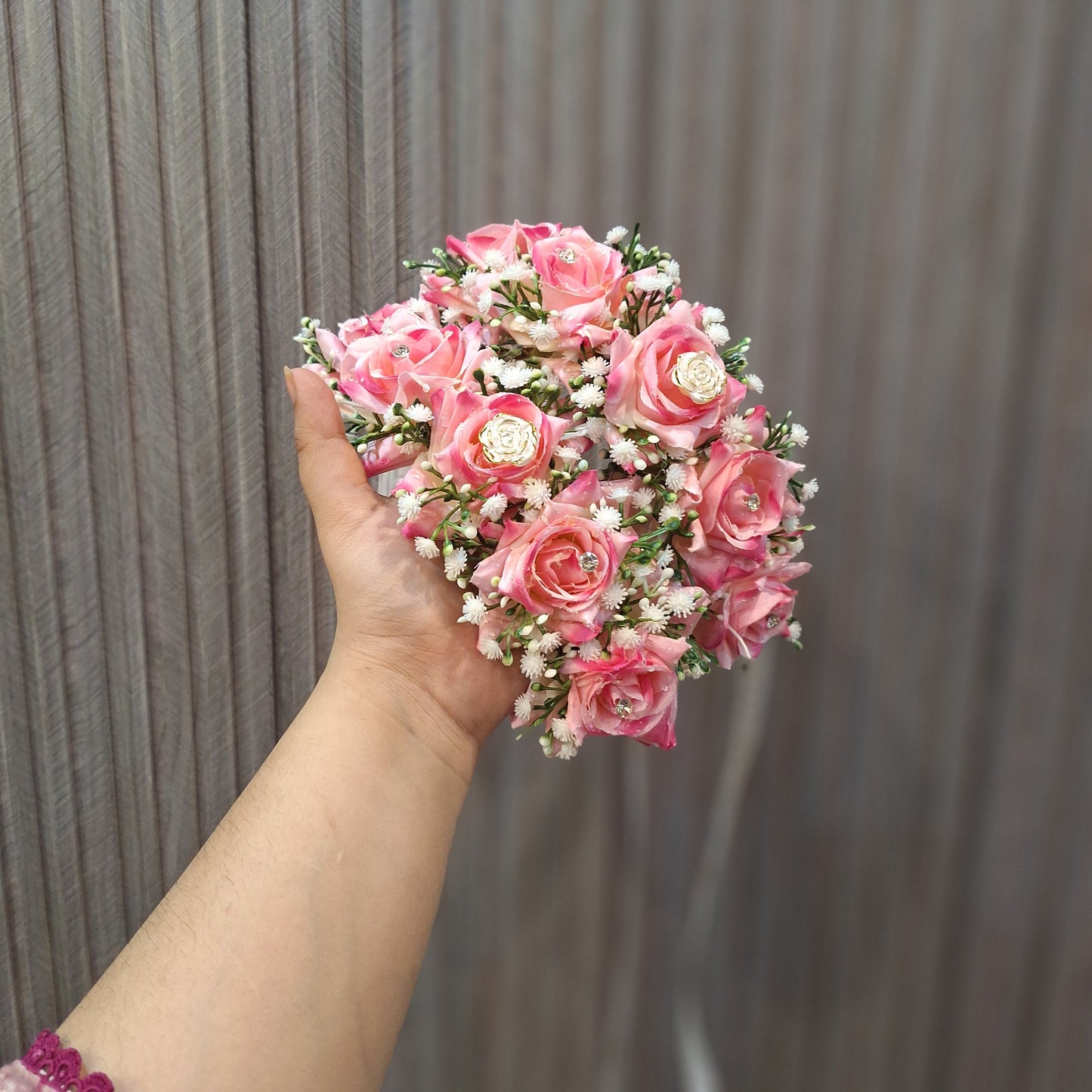 Blushing Pink Rose & Gypso Hand-Tied Bridal Hair Gajra