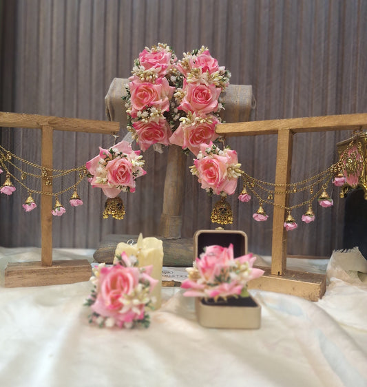 Blushing Pink Rose Floral Bridal Jewelry Set with Gold Ghungroo Details