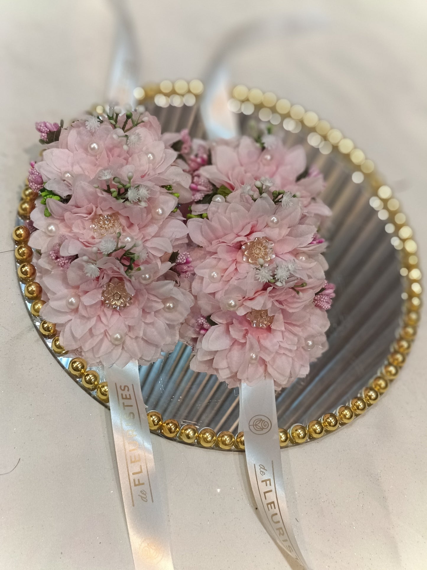 Elegant Pink Floral Wrist Corsage Set with Pearl Accents