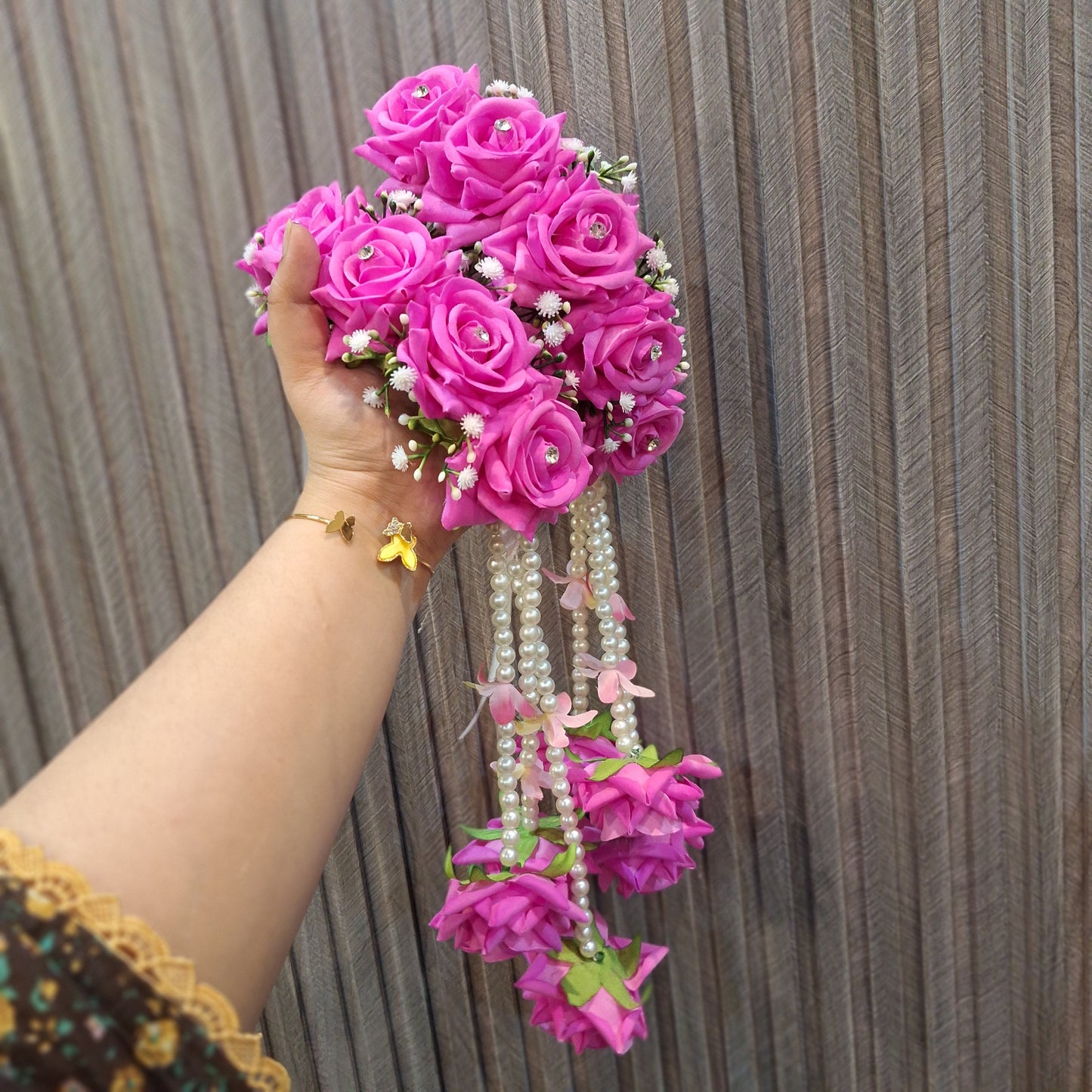 Hot Pink Rose Gaira with Pearl Hangings & Ribbon Accent
