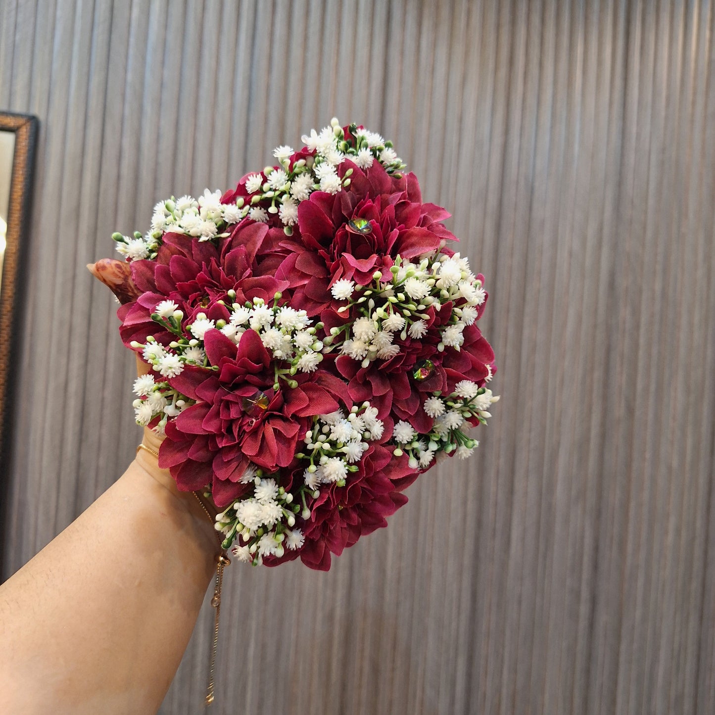 Maroon Dalia Bouquet with White Baby’s Breath Accents