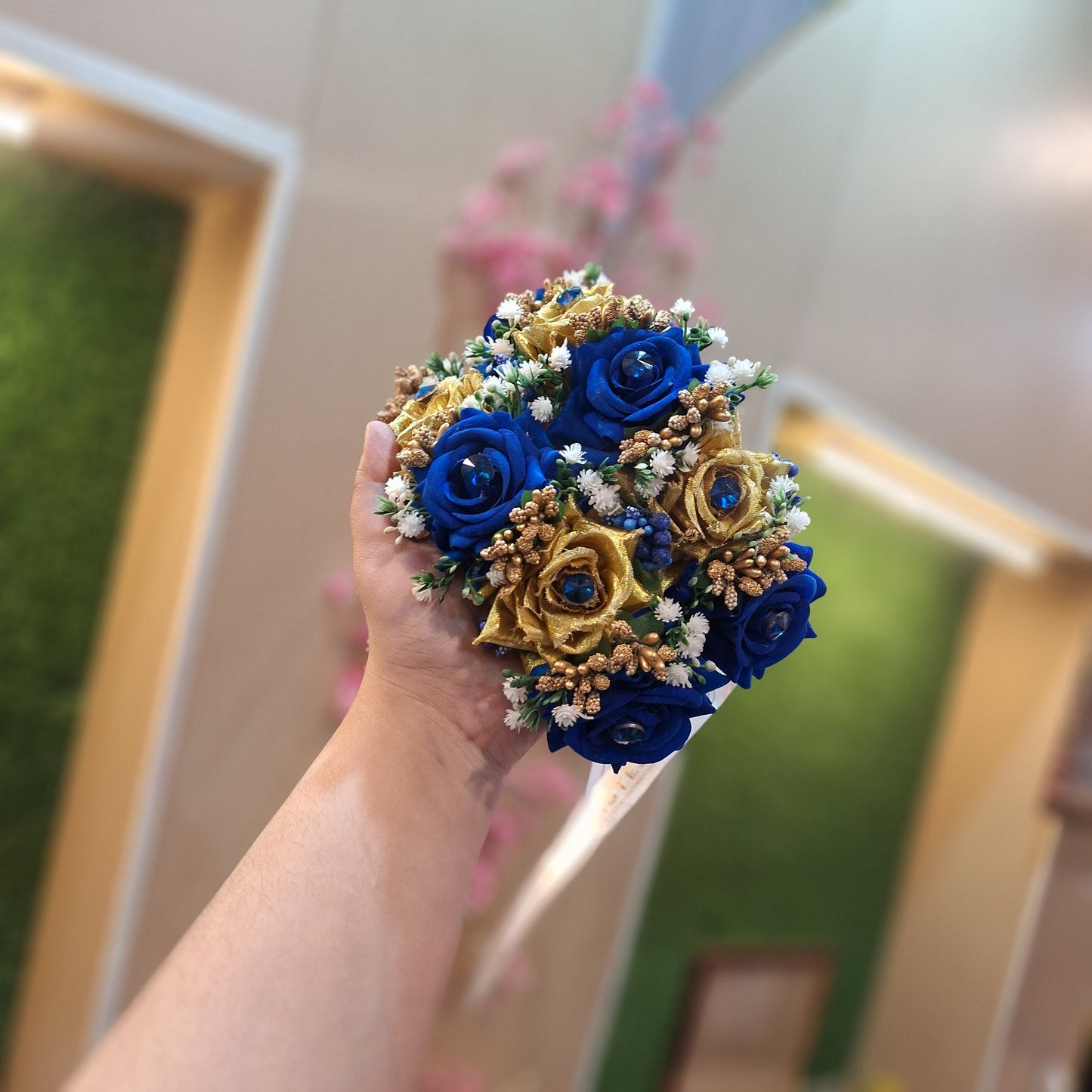 Royal Blue & Gold Rose Hand Bouquet