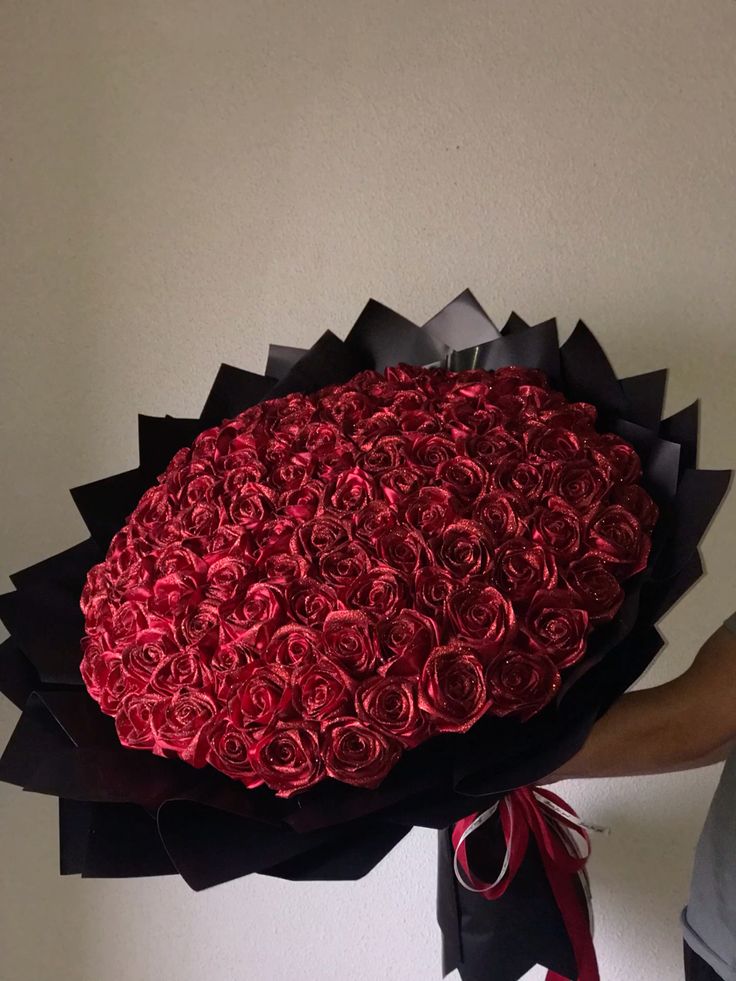 Glittering Crimson Ribbon Rose Bouquet in Midnight Black Wrap