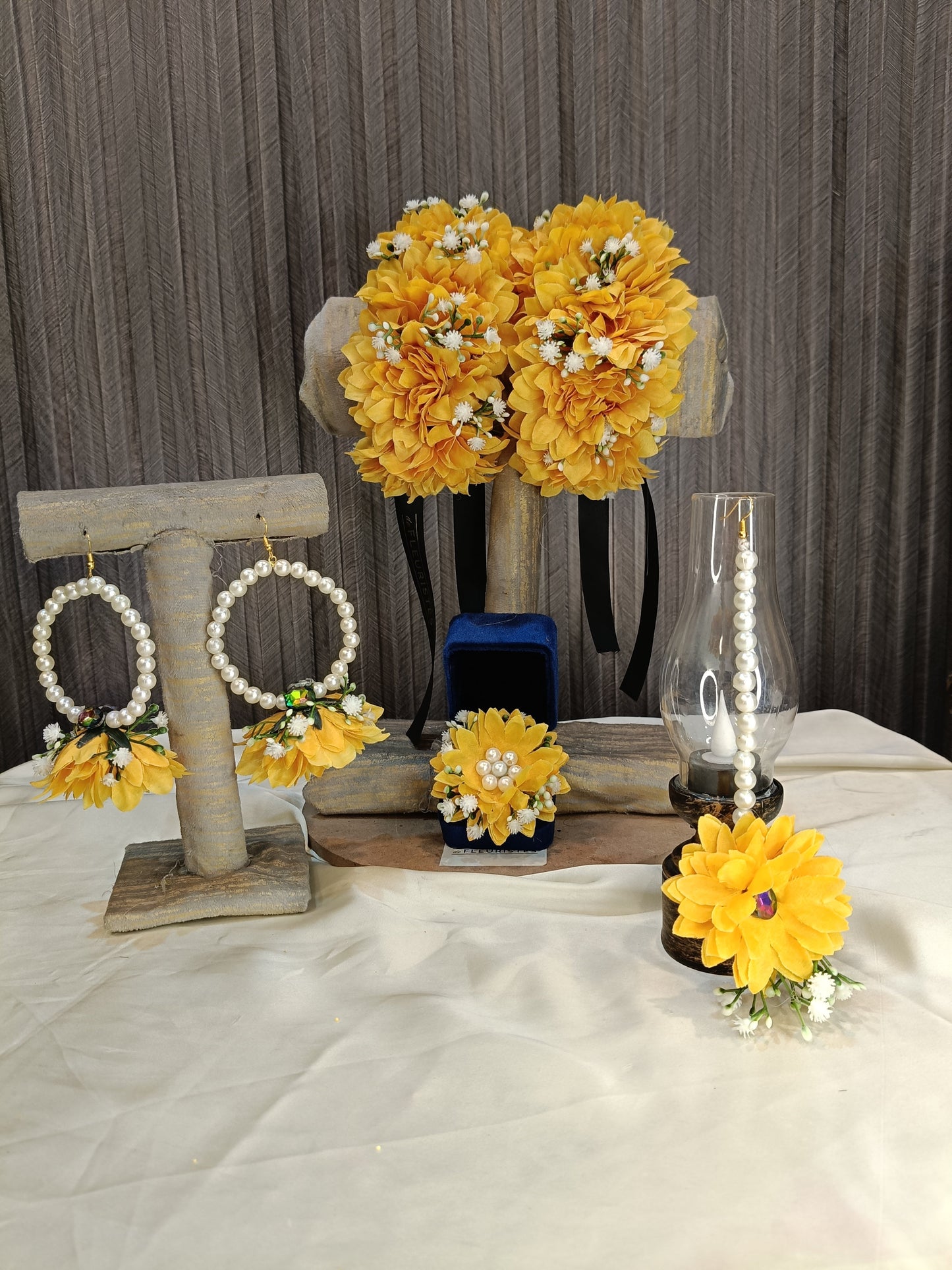 Handmade Yellow Floral Jewelry Set with Pearls