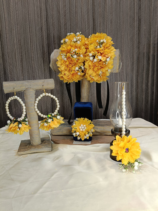 Handmade Yellow Floral Jewelry Set with Pearls