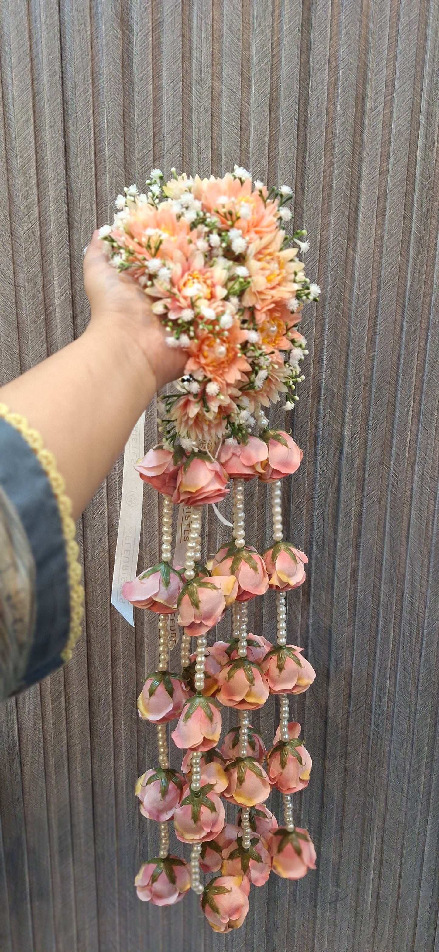 Elegant Peach Floral Kaleerey with Rose Hangings