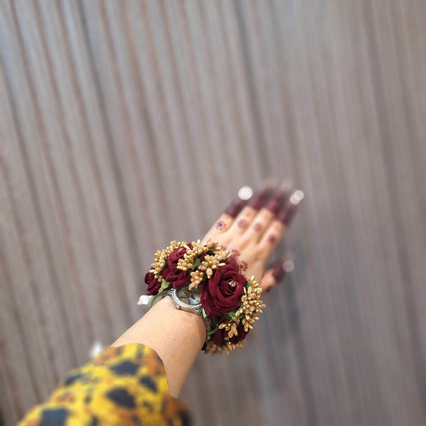 Maroon Rose Floral Bangle (Gajra) with Golden Accents