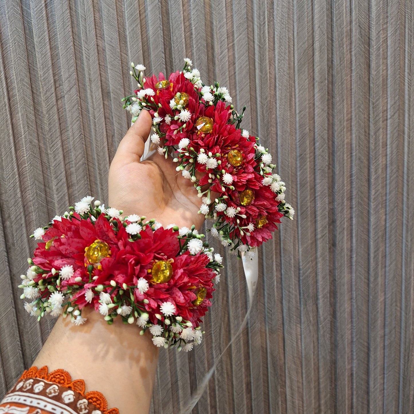 Red Floral Gaira with White Baby’s Breath and Golden Accents