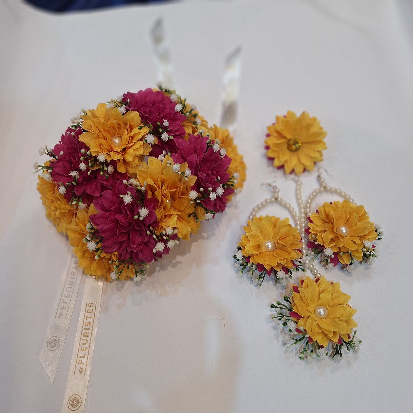 Yellow & Magenta Floral Jewelry Set with Pearl Accents