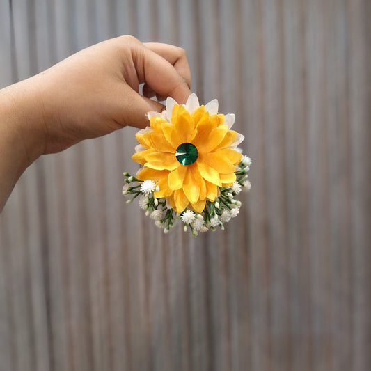 Vibrant Yellow Floral Gajra with Emerald Center