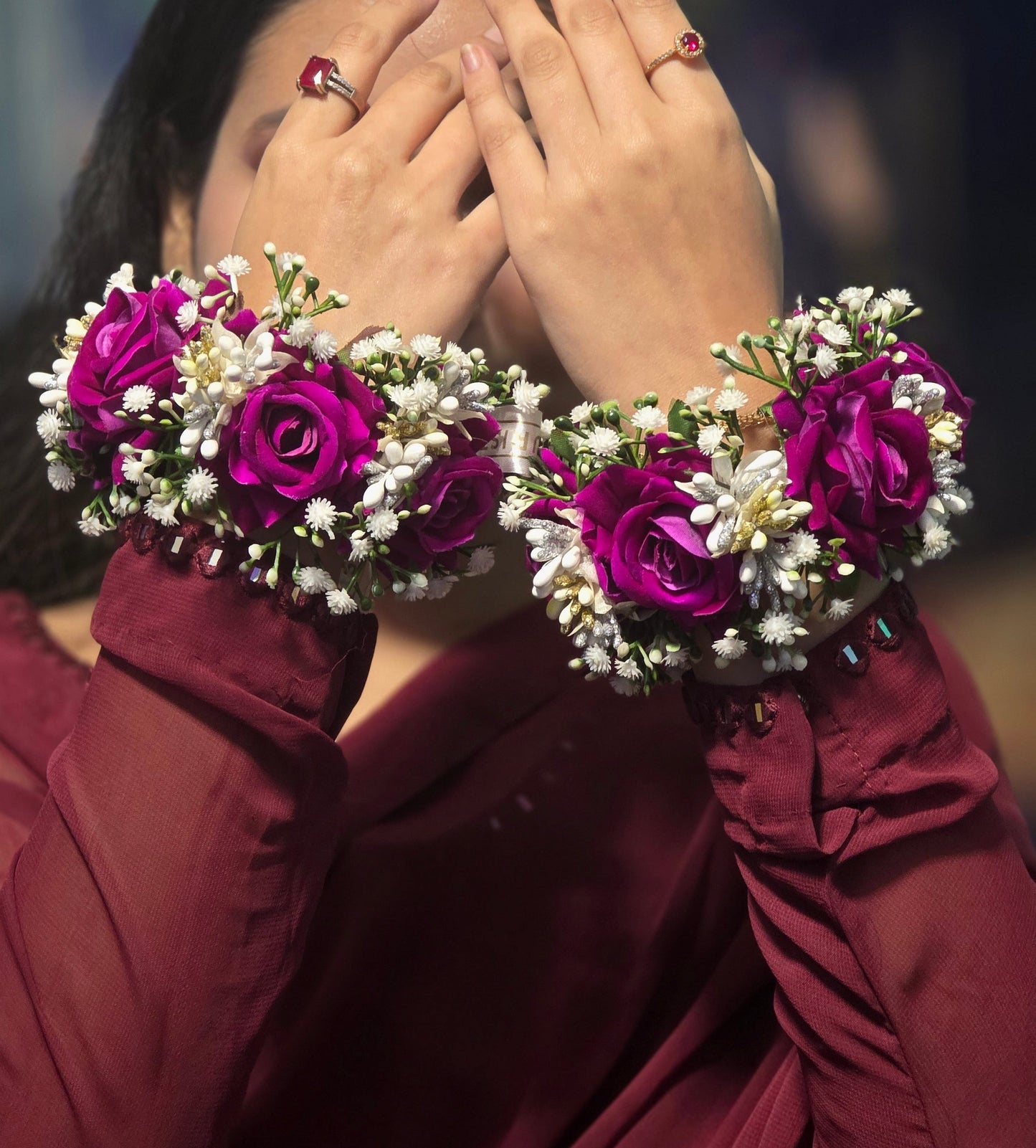 Magenta Rose & White Gypsophila Floral Gajray (Pair)