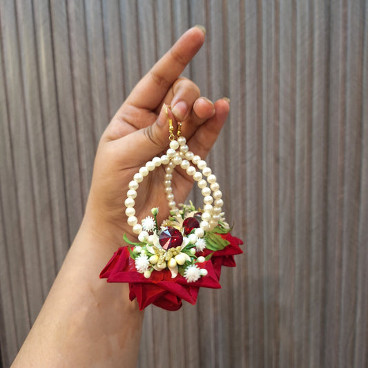 Elegant Red Floral Hoop Earrings with Pearls & Ruby Accents