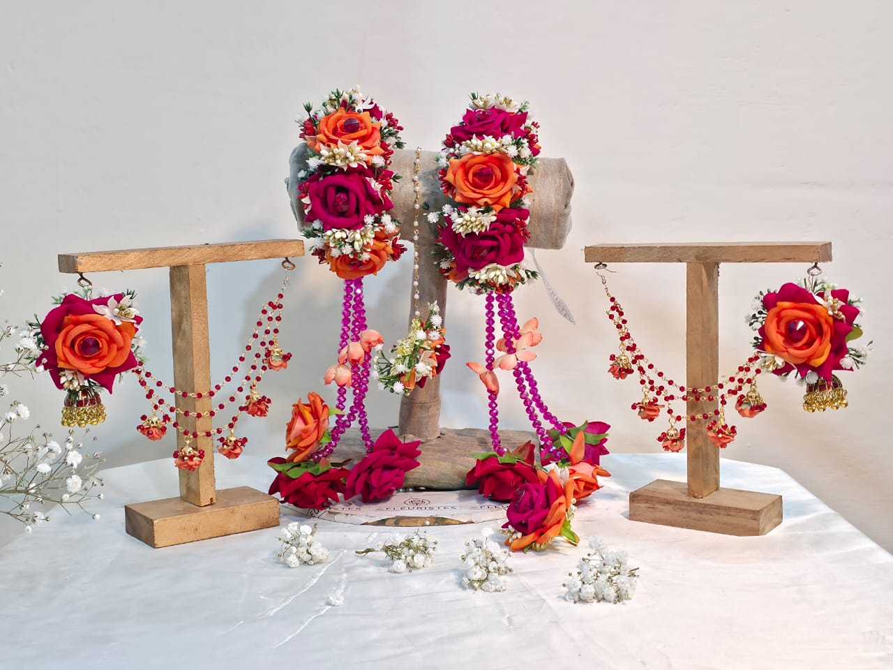 Vibrant Orange & Magenta Floral Jewellery Set with Heavy Gajray