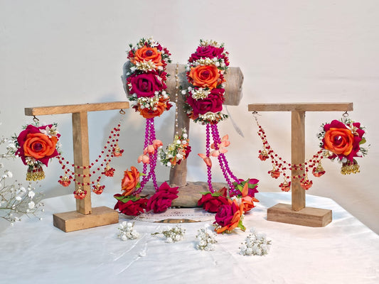 Vibrant Orange & Magenta Floral Jewellery Set with Heavy Gajray