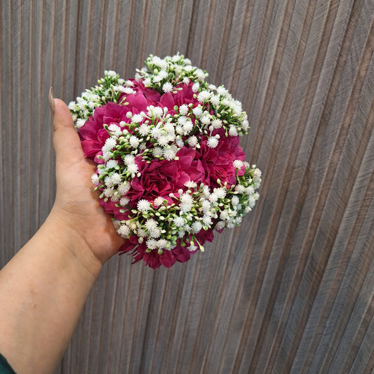 Deep Magenta Chrysanthemum & White Baby’s Breath Hand-Tied Bun