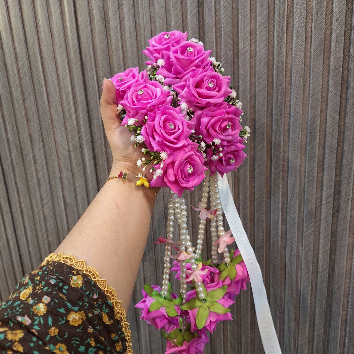 Hot Pink Rose Gaira with Pearl Hangings & Ribbon Accent