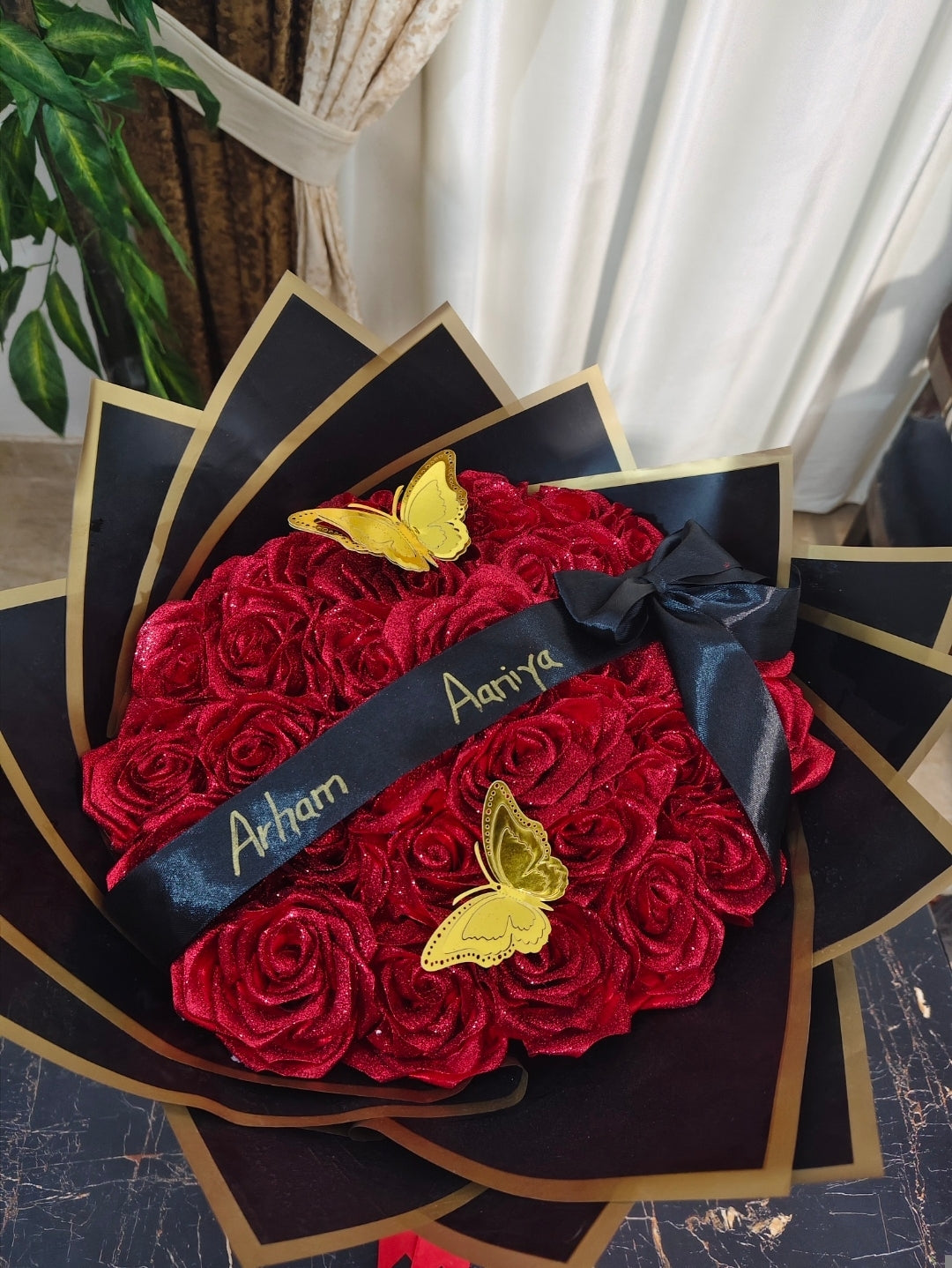 Glittering Red Rose Bouquet with Golden Butterflies & Personalized Ribbon