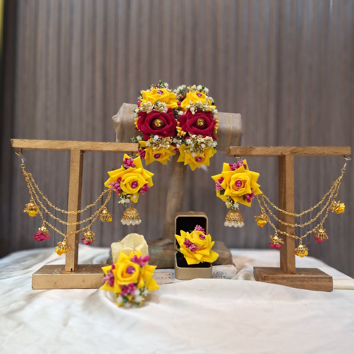 Handcrafted Yellow & Maroon Floral Jewellery Set with Jhumka Earrings