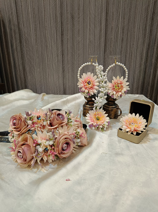 Elegant Peach & Mauve Floral Jewelry Set for Nikkah and Mehndi