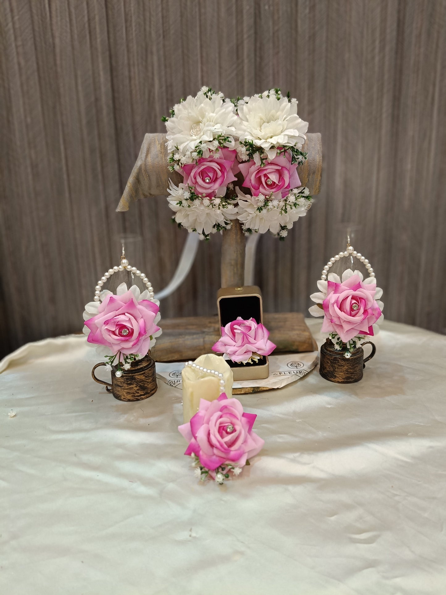 Elegant Pink Rose & White Jasmine Floral Jewelry Set for Mehndi & Mayun