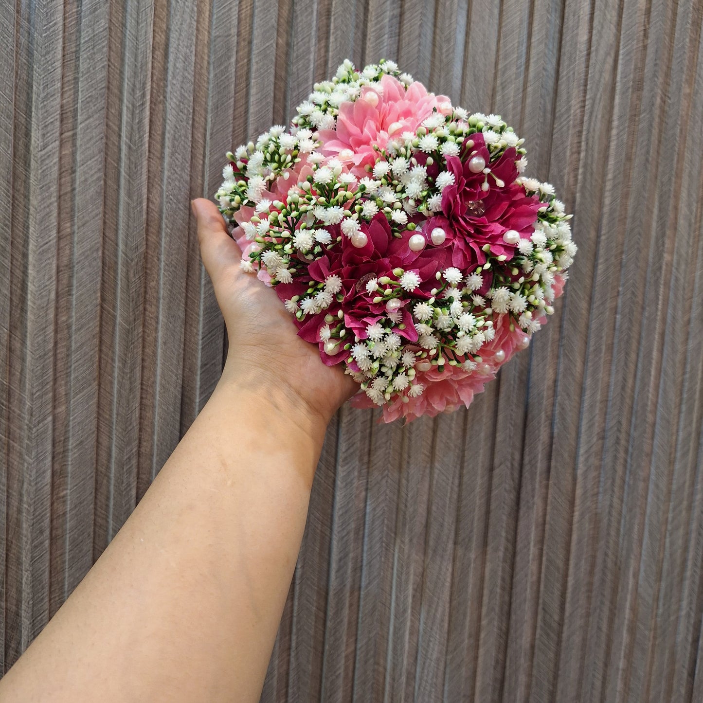 Pink and Magenta Floral Bun Gajara with Pearl Accents