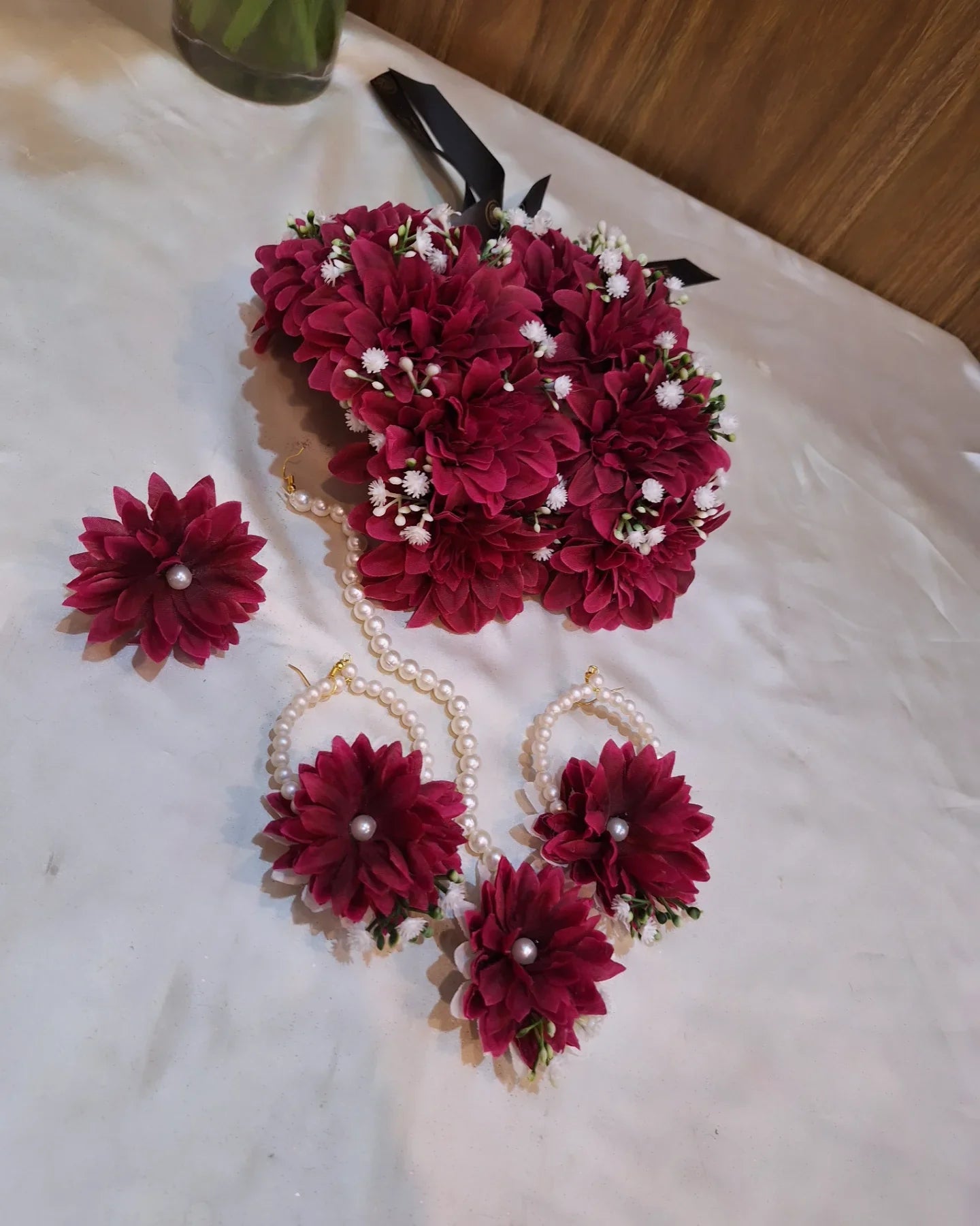 Handcrafted Maroon Floral Jewellery Set with Pearl Accents