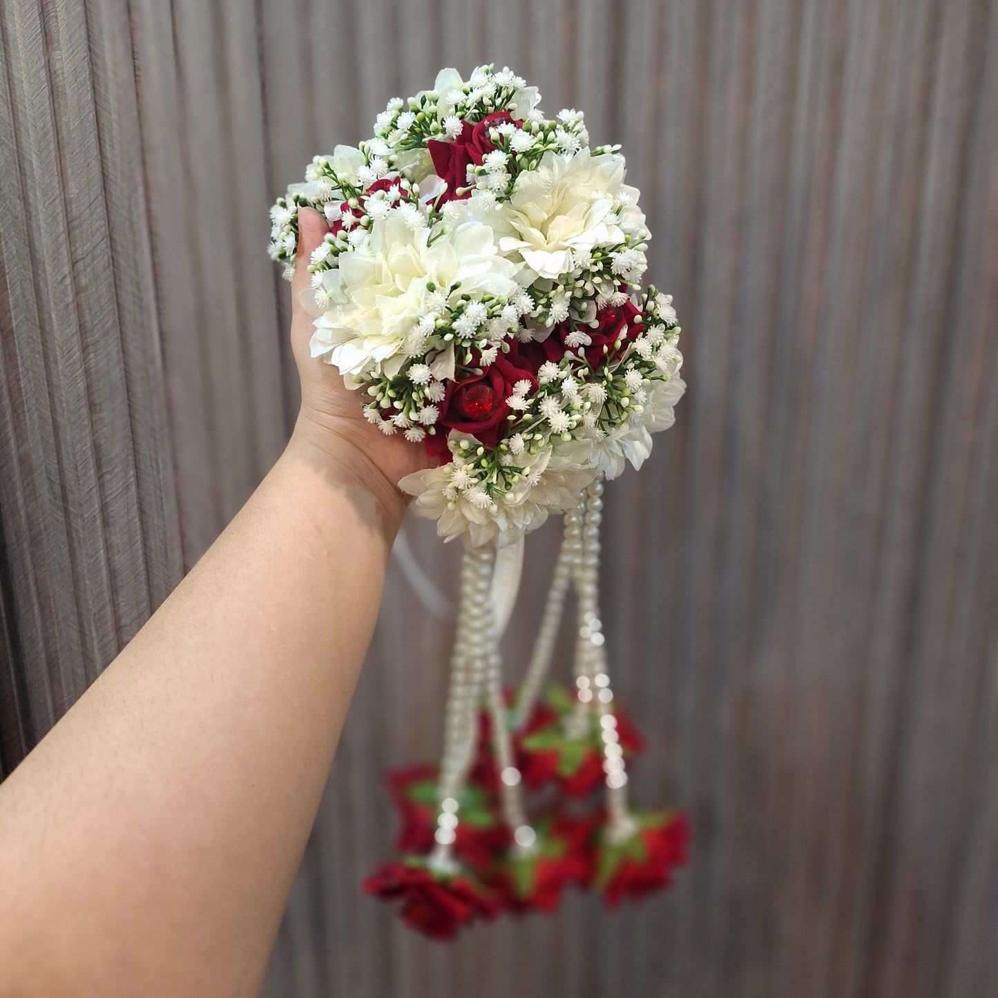White Dalia & Red Rose Floral Gajra with Pearl Hangings
