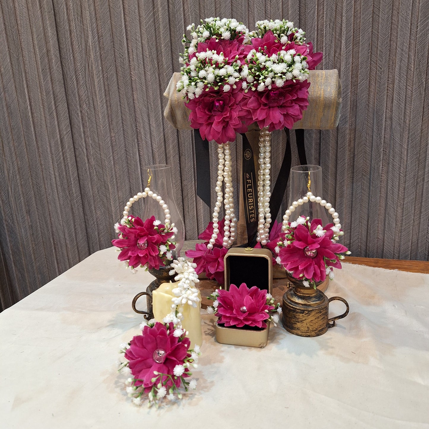 Magenta Floral Jewellery Set with Pearl Accents