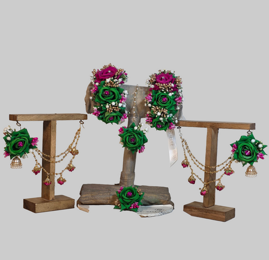 Elegant Green & Magenta Floral Jewellery Set for Mehndi & Mayun