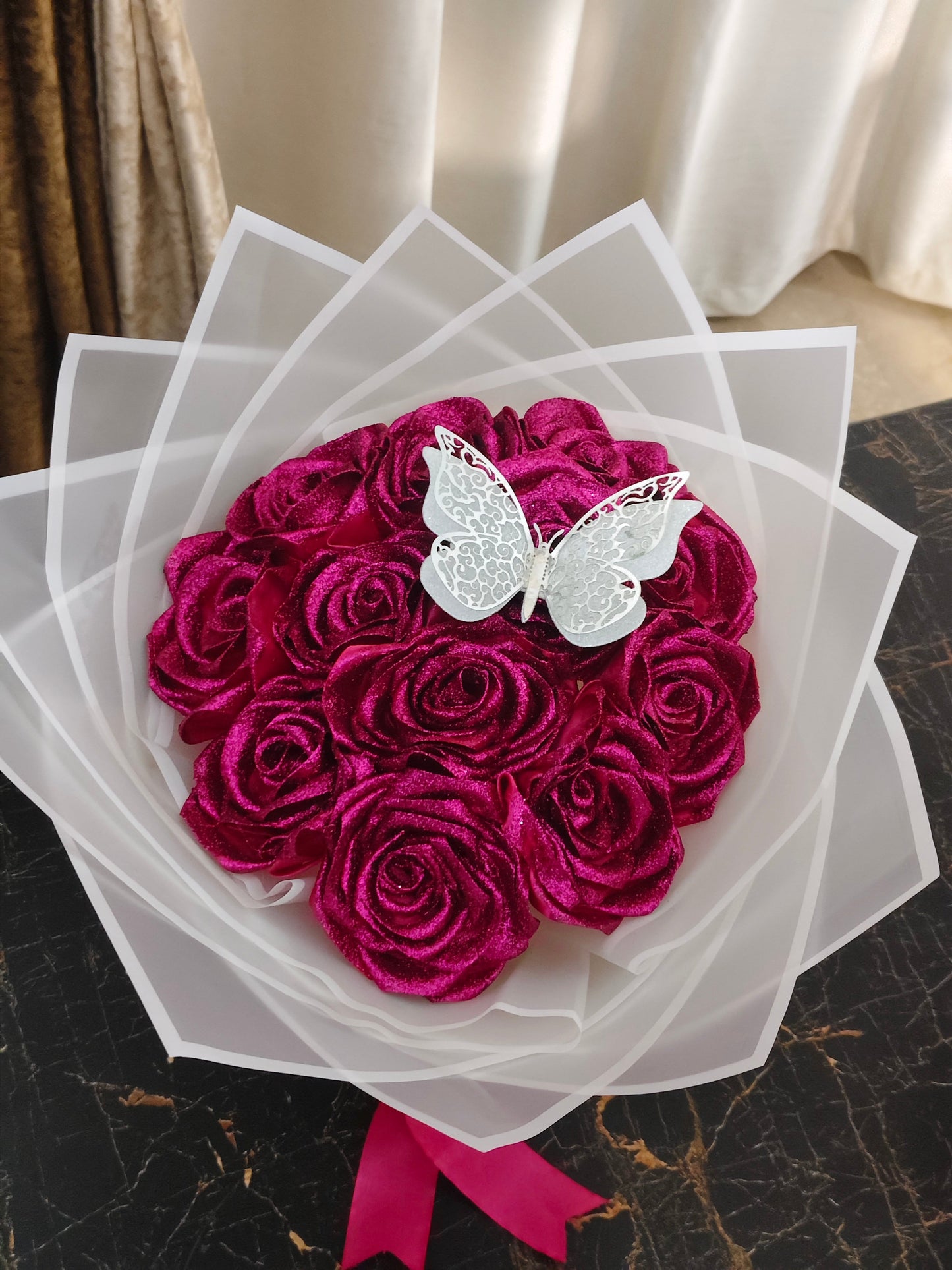 Sparkling Pink Rose Bouquet with Silver Butterfly & Birthday Ribbon