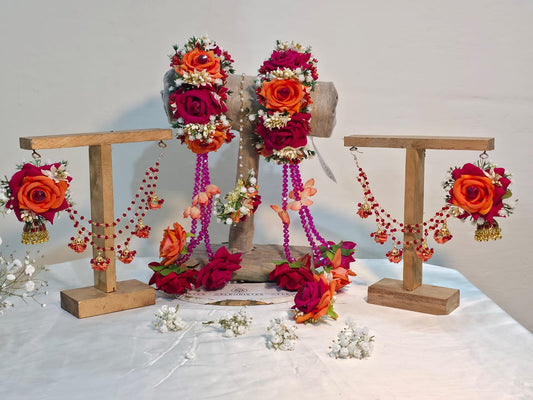 Vibrant Orange & Magenta Floral Jewellery Set with Heavy Gajray