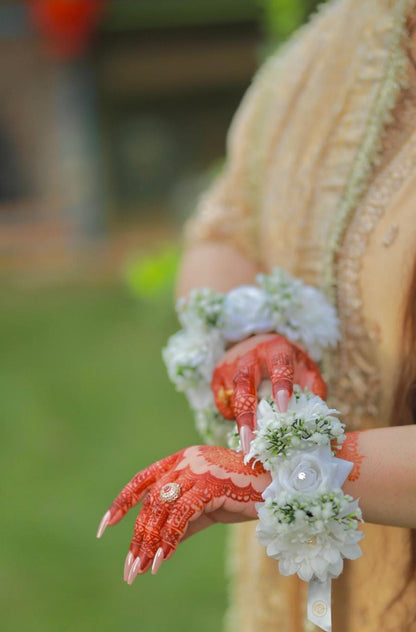 White Rose & Chrysanthemum Wrist Gajry with Pearl Accents