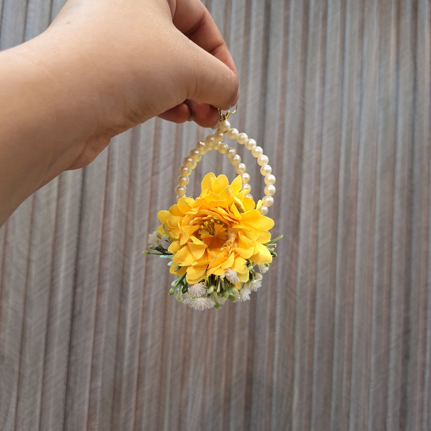 Handmade Yellow Floral Gaira with Pearl Hoop Accents
