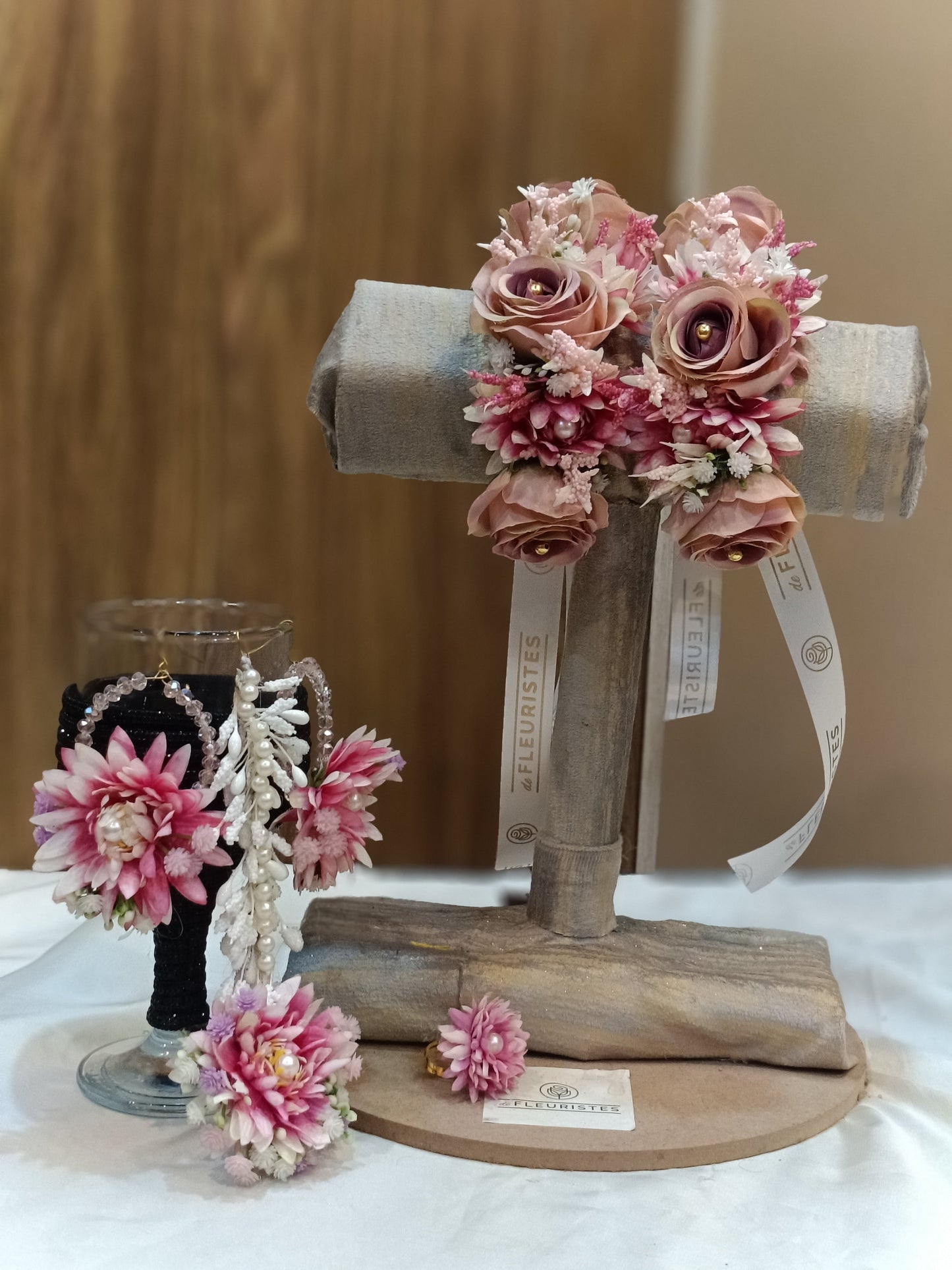 Blushing Pink Floral Jewelry Set with Pearls & Ribbons