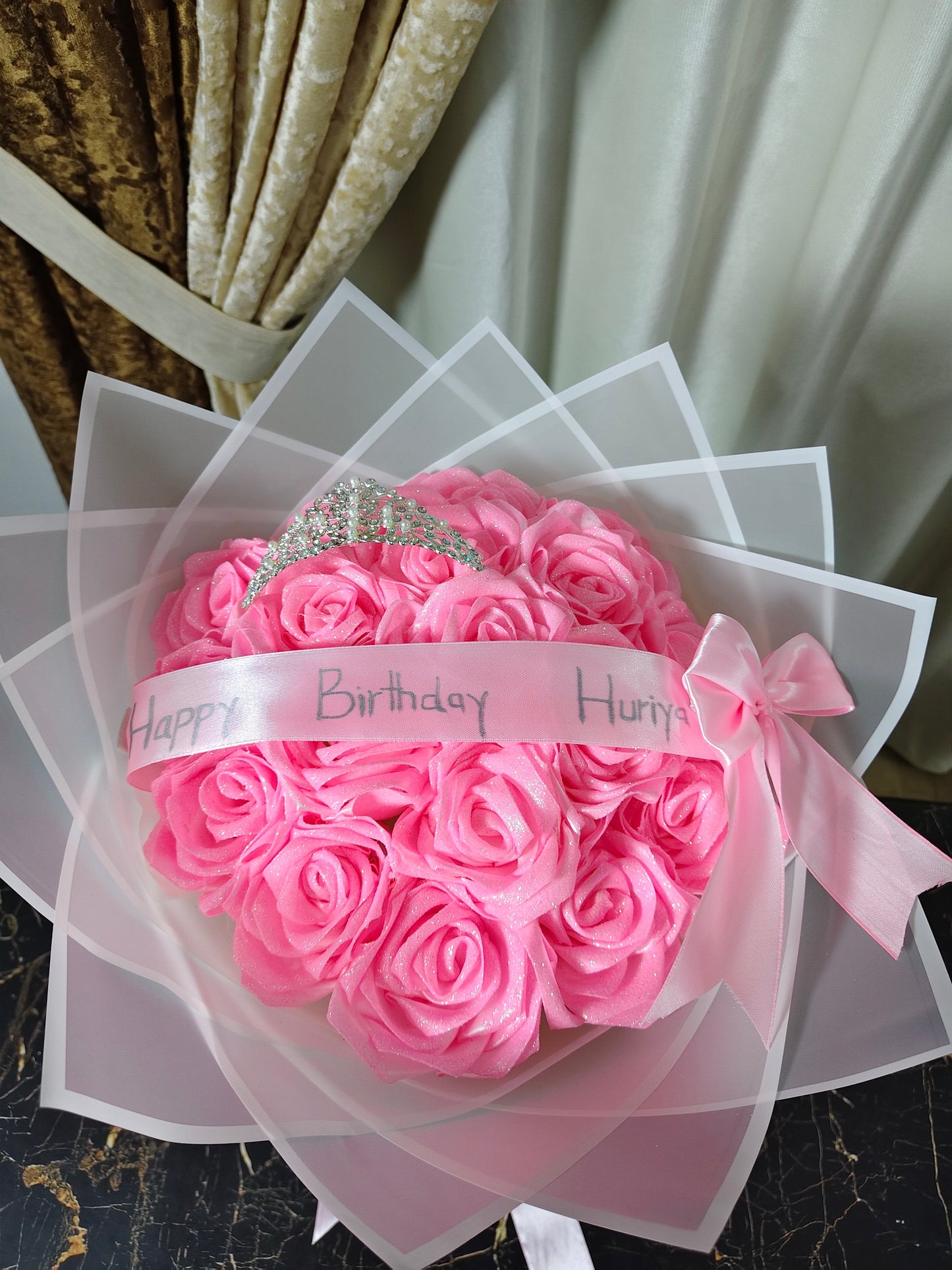 Sparkling Pink Rose Bouquet with Tiara – Happy Birthday Huriya