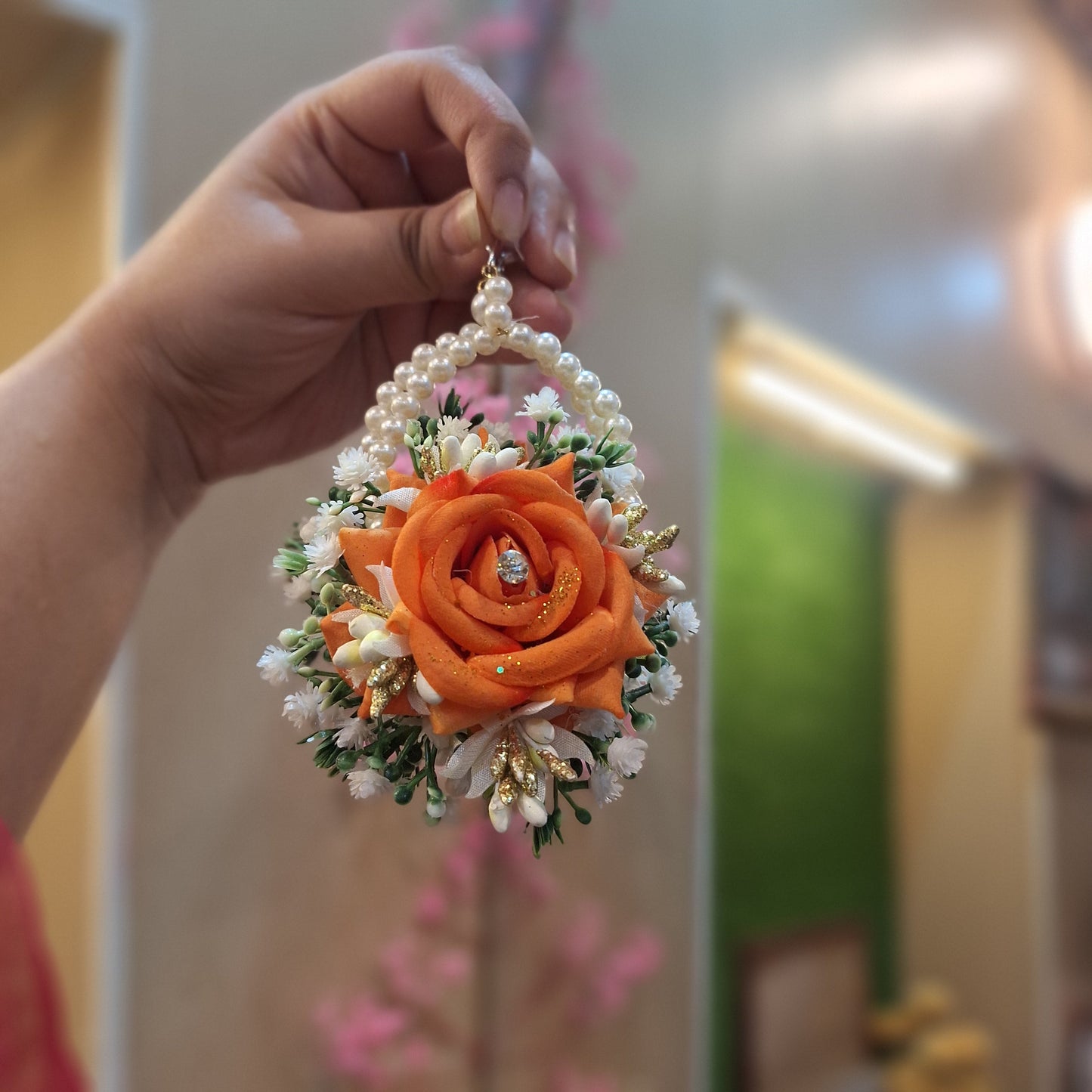 Orange Rose & Pearl Gaira (Floral Bang-Earring) with Baby’s Breath