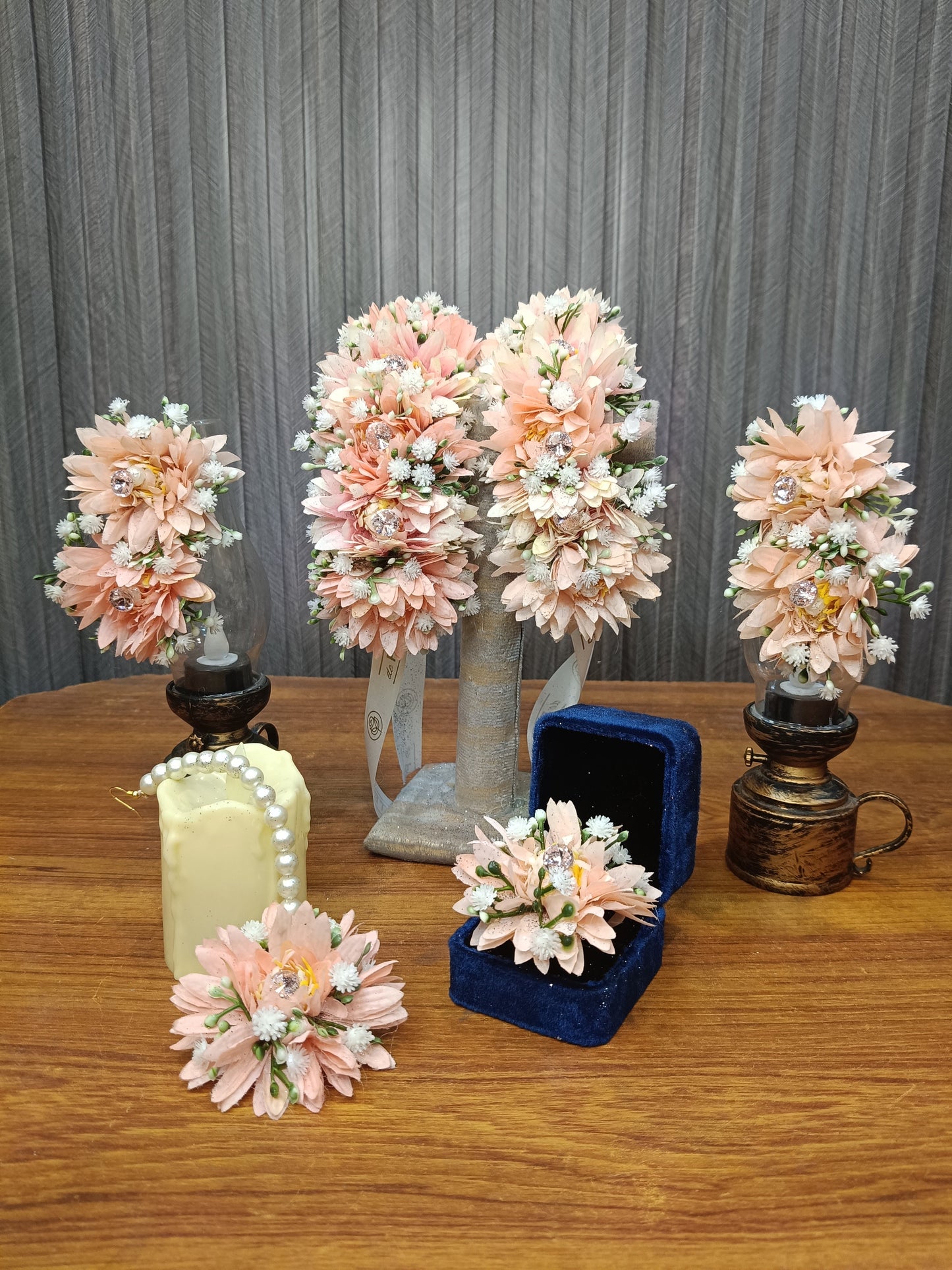 Peach Blossom Floral Jewelry & Ring Box Set with Baby’s Breath