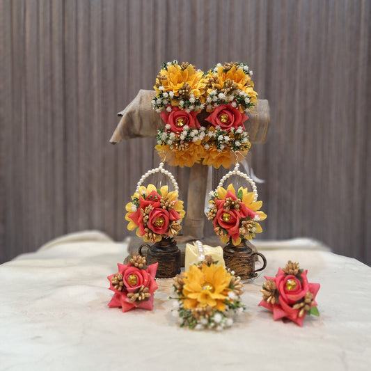 Handcrafted Yellow and Peach Floral Jewelry Set with Pearl Accents