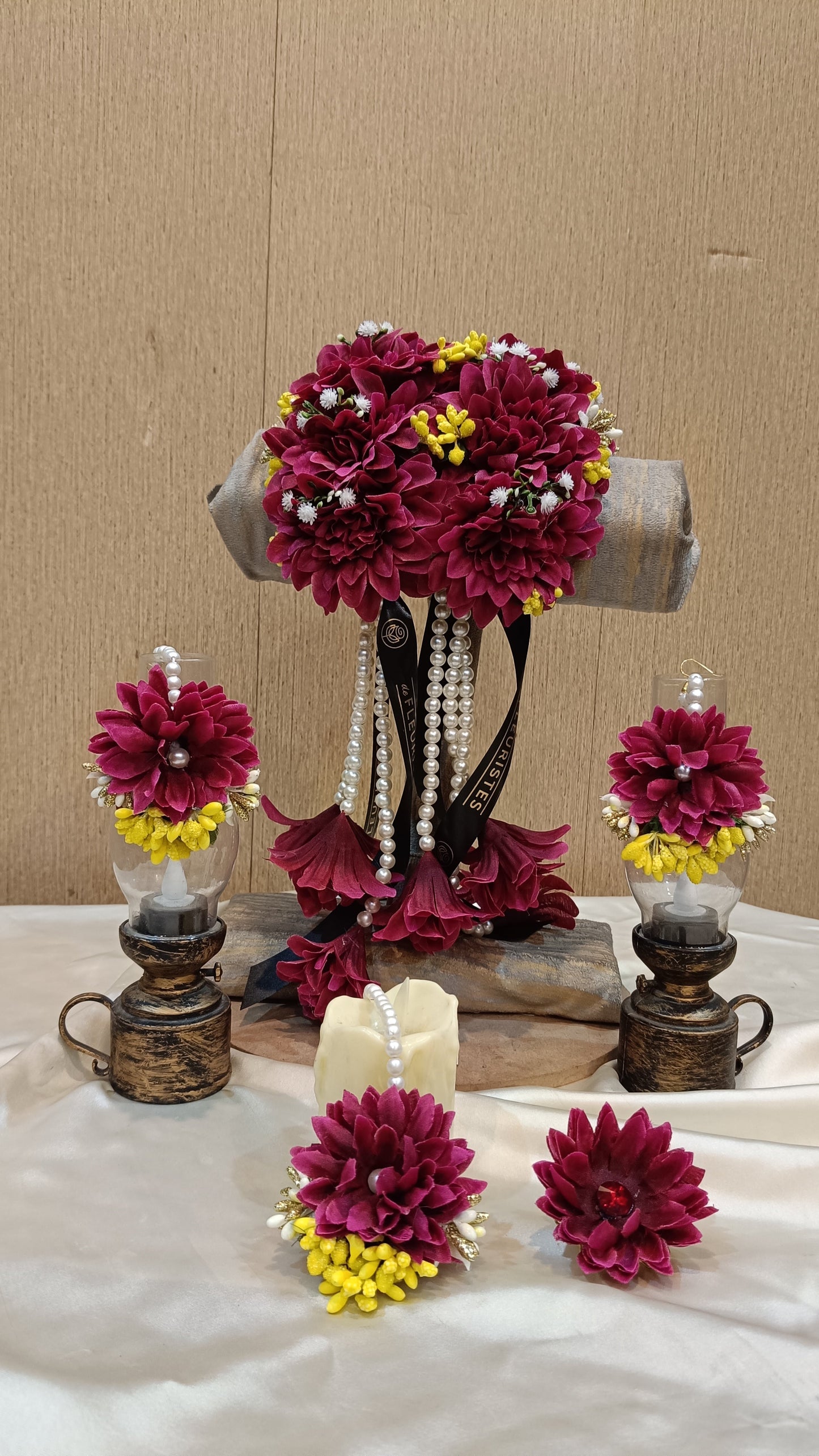 Maroon & Yellow Floral Jewelry Set with Pearl Accents