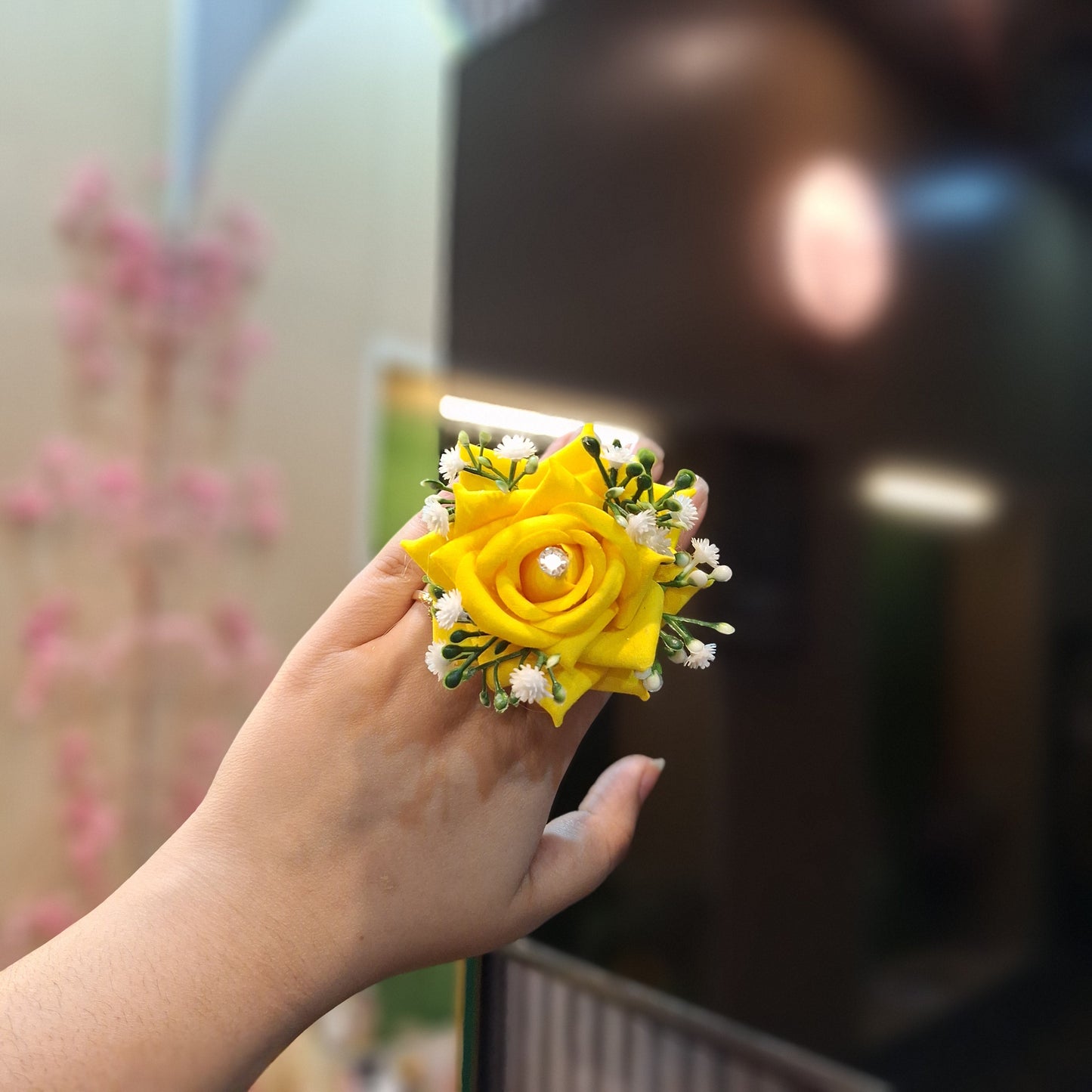 Sunshine Yellow Rose Bridal Gajra with Diamante Accents